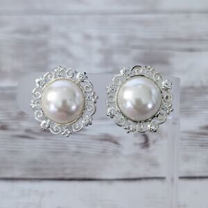 Vintage Avon Clip On Earrings Faux Pearl, Clear Gem - Condition Issues